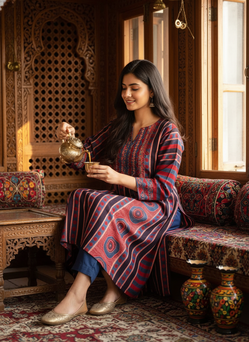 Red Stripes and Jharokha Motif Modal Silk Ajrakh Hand Block Print Designer Unstitched Fabric (Kurta Only)