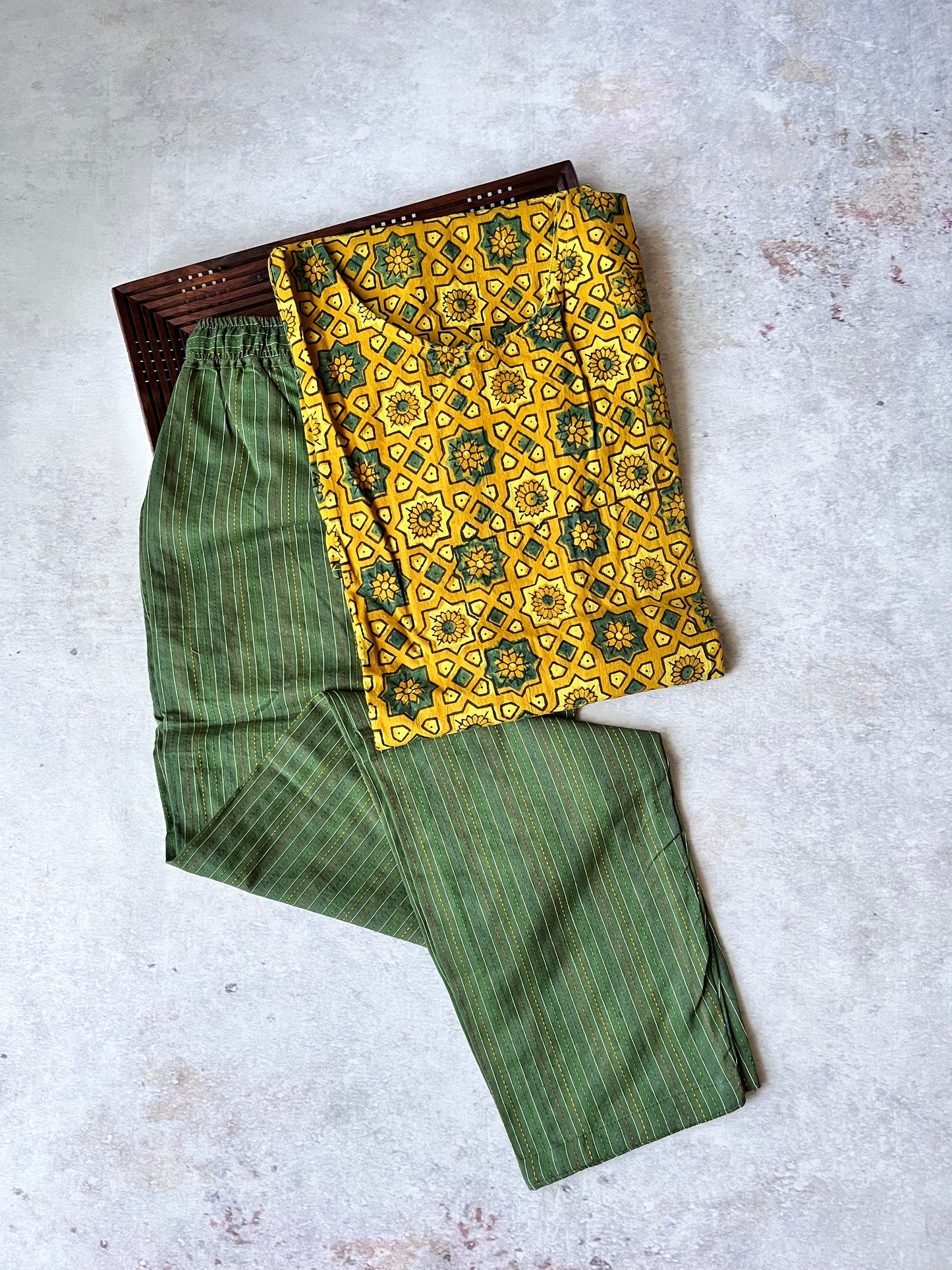 Yellow and Green Cotton Ajrakh Hand Block Print Kurta Pant Set