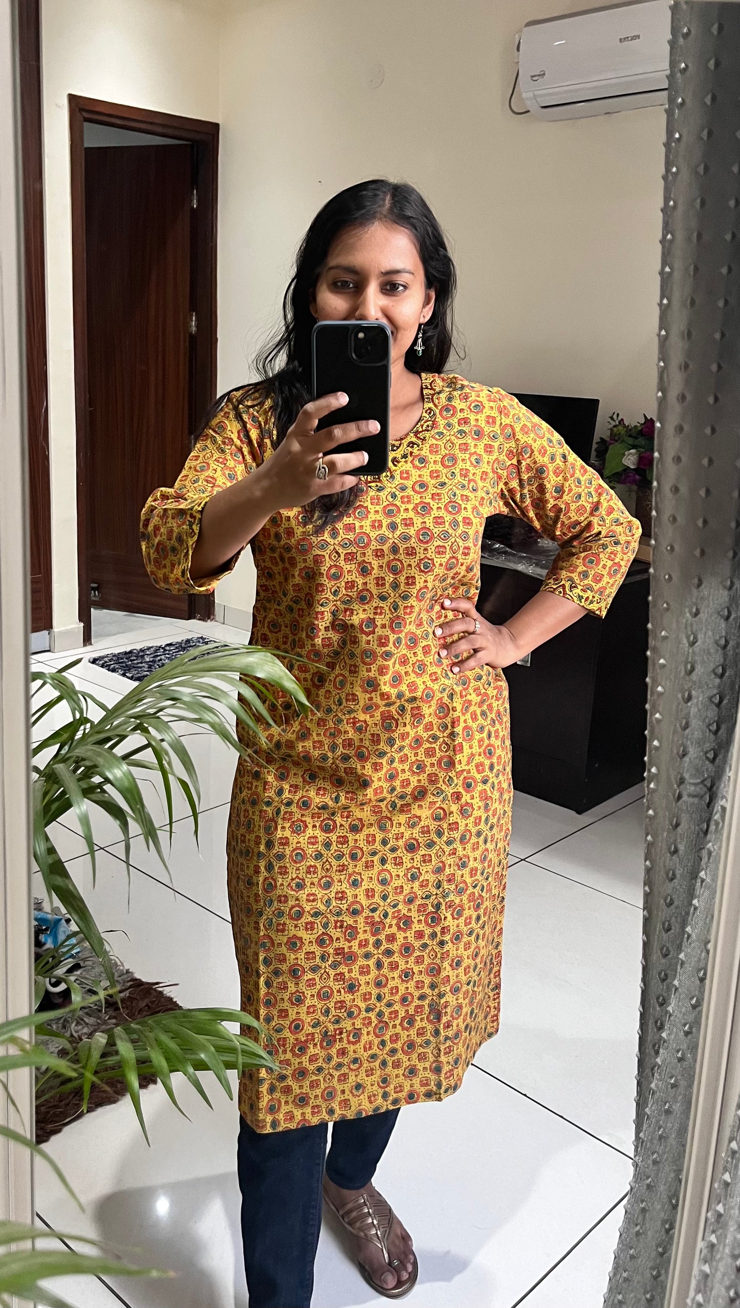 Yellow and Red Small Booti Ajrakh Pure Cotton Kurti