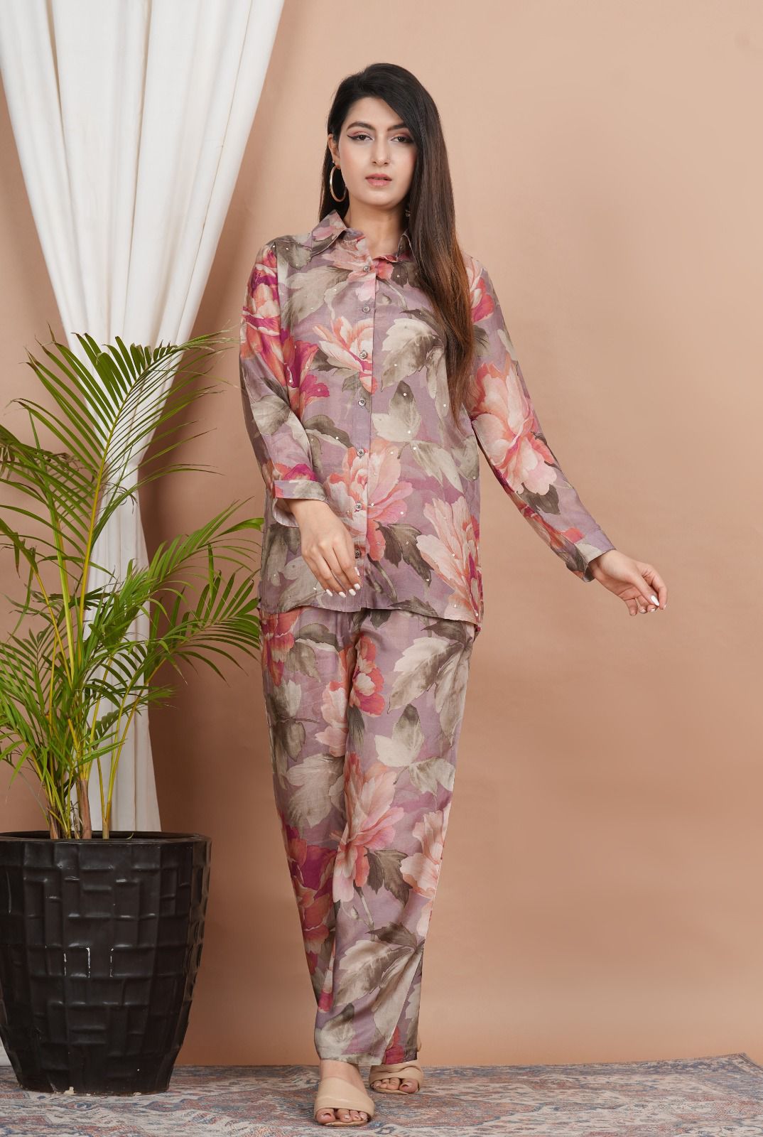 Beige Floral Muslin Silk Cotton Co Ord Set