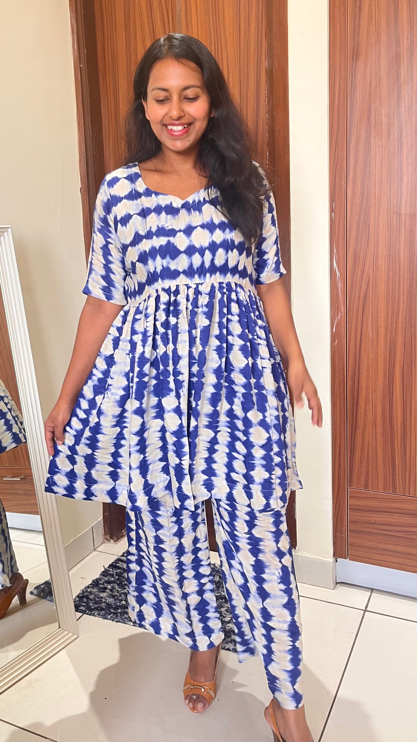 Blue Tie and Dye Print Rayon Cotton Co Ord Set