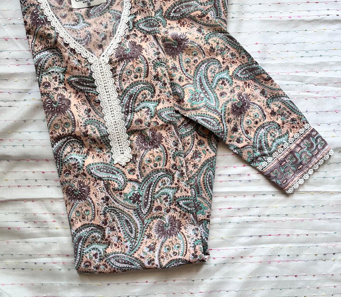 Peach Mugal Booti Print Pure Cotton Kurta and Pant Set with Lace Details