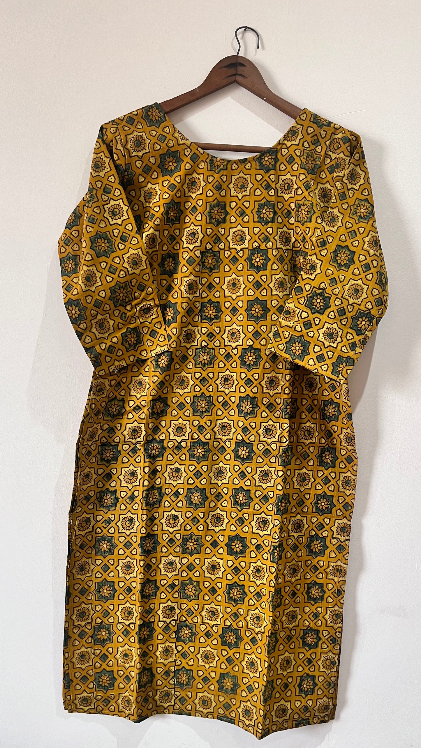 Yellow and Green Cotton Ajrakh Hand Block Print Kurta Pant Set