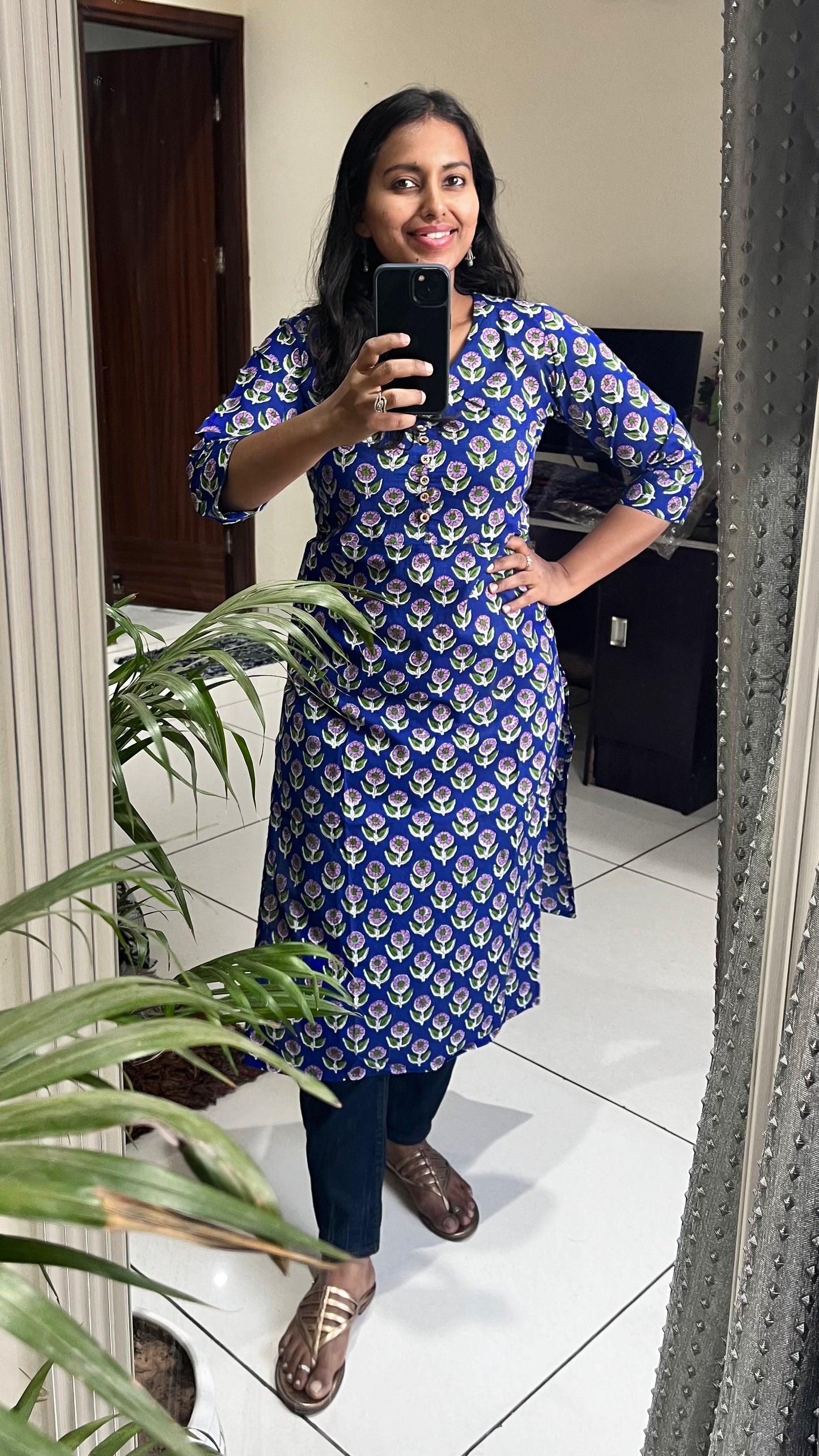 Electric Blue Small Booti Print Straight Kurti