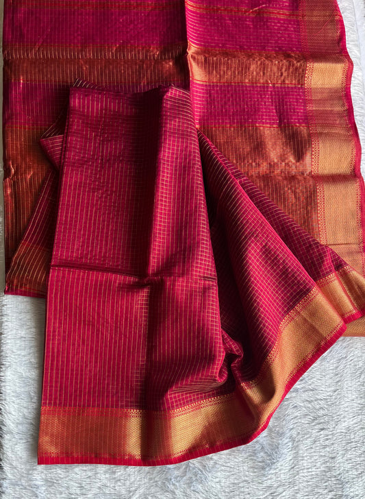 Ruby Pink with Gold Zari Border Handwoven Maheshwari Tissue Silk Saree