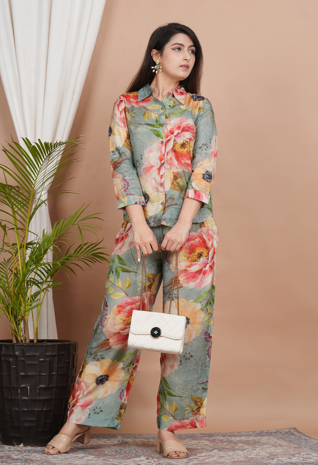 Sea Green Floral Muslin Cotton Co Ord Set