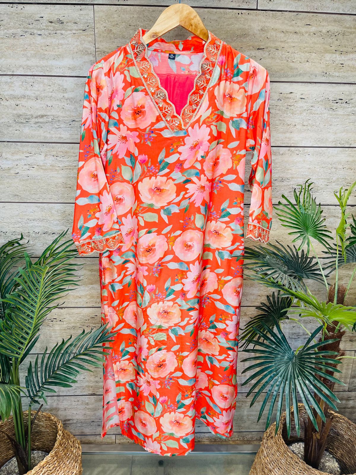 Flaming Orange Floral Print Pure Muslin Suit Set with Organza Dupatta