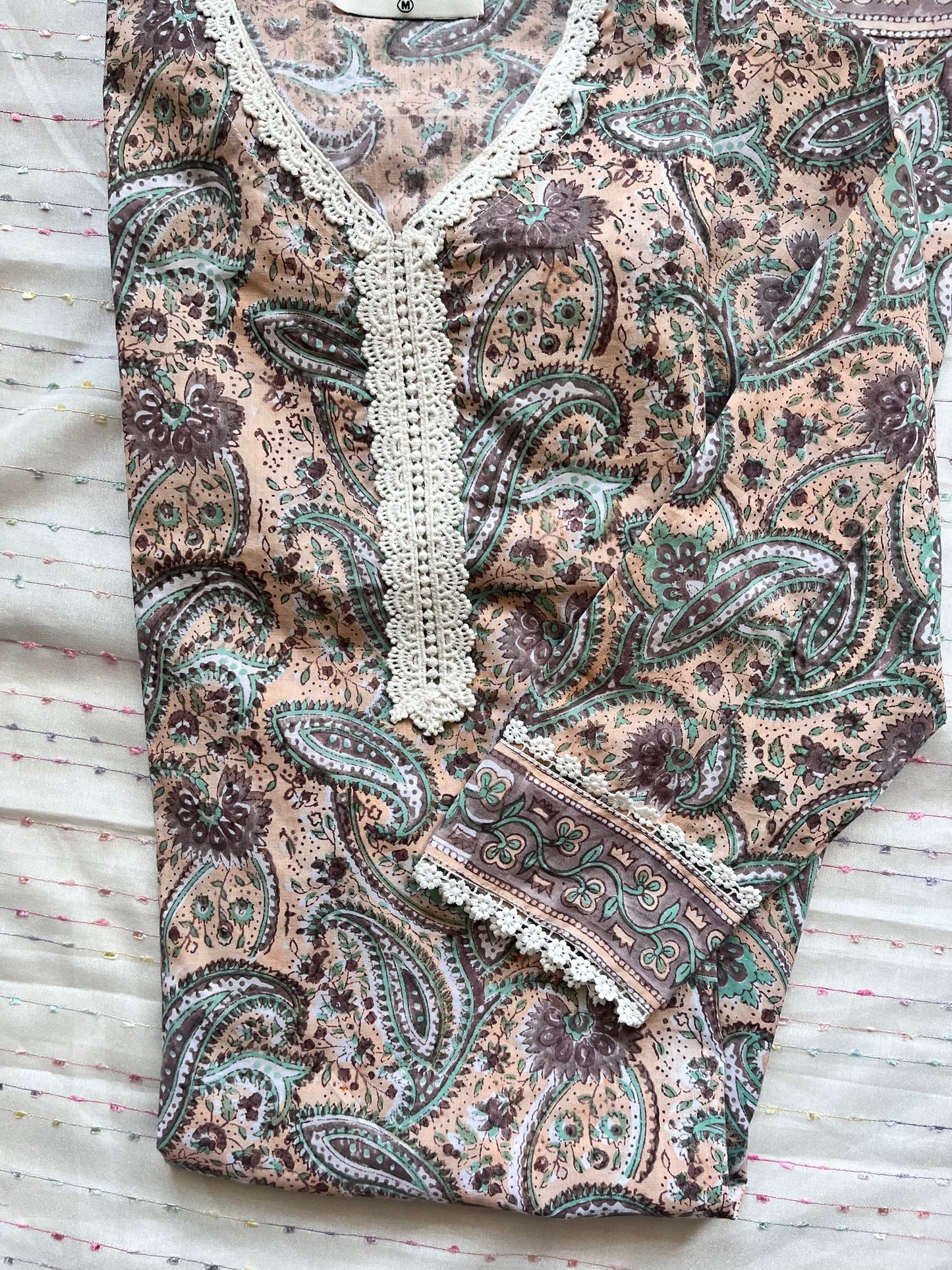 Peach Mugal Booti Print Pure Cotton Kurta and Pant Set with Lace Details
