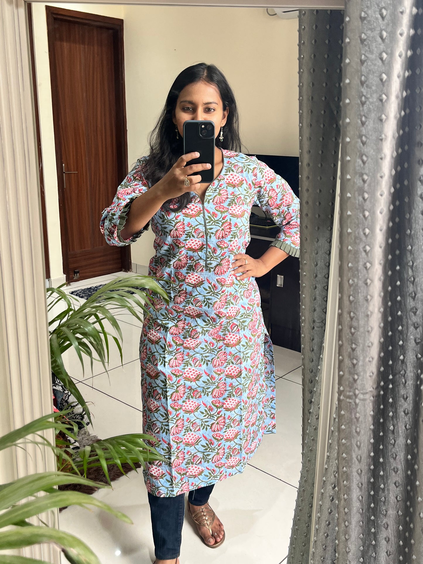 Aqua Blue Cotton Sangaeri Print Straight Kurti