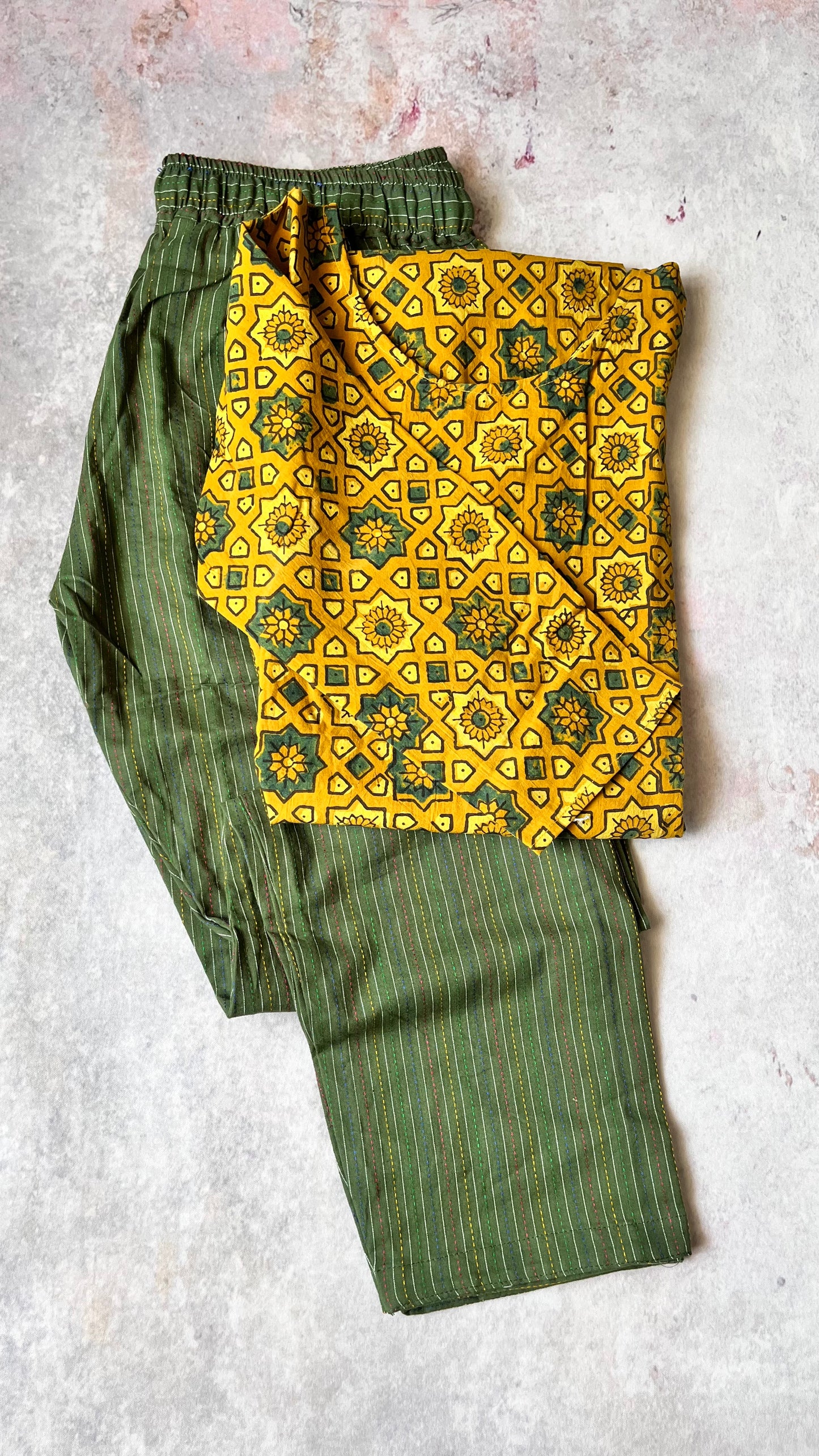 Yellow and Green Cotton Ajrakh Hand Block Print Kurta Pant Set