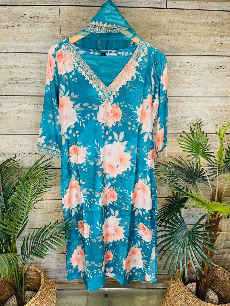 Teal Blue Floral Print Pure Muslin Suit Set with Organza Dupatta