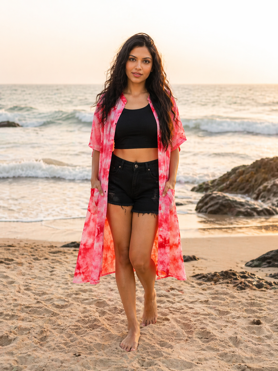 Pink Tie and Dye Knee Length Kaftan Shirt Dress