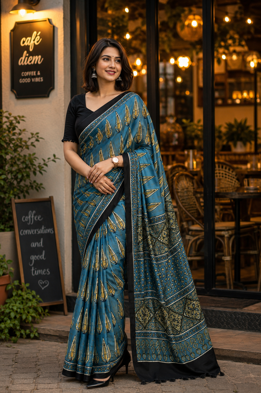 Teal Blue Shade Ajrakh Hand Block Natural Dye Modal Silk Saree With Blouse