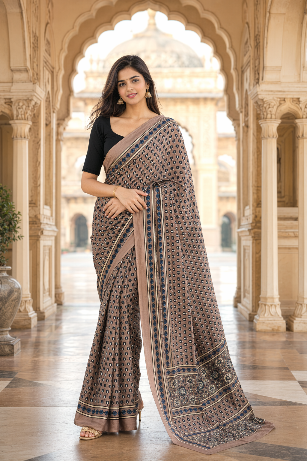 Raisin Shade Ajrakh Hand Block Natural Dye Modal Silk Saree With Blouse
