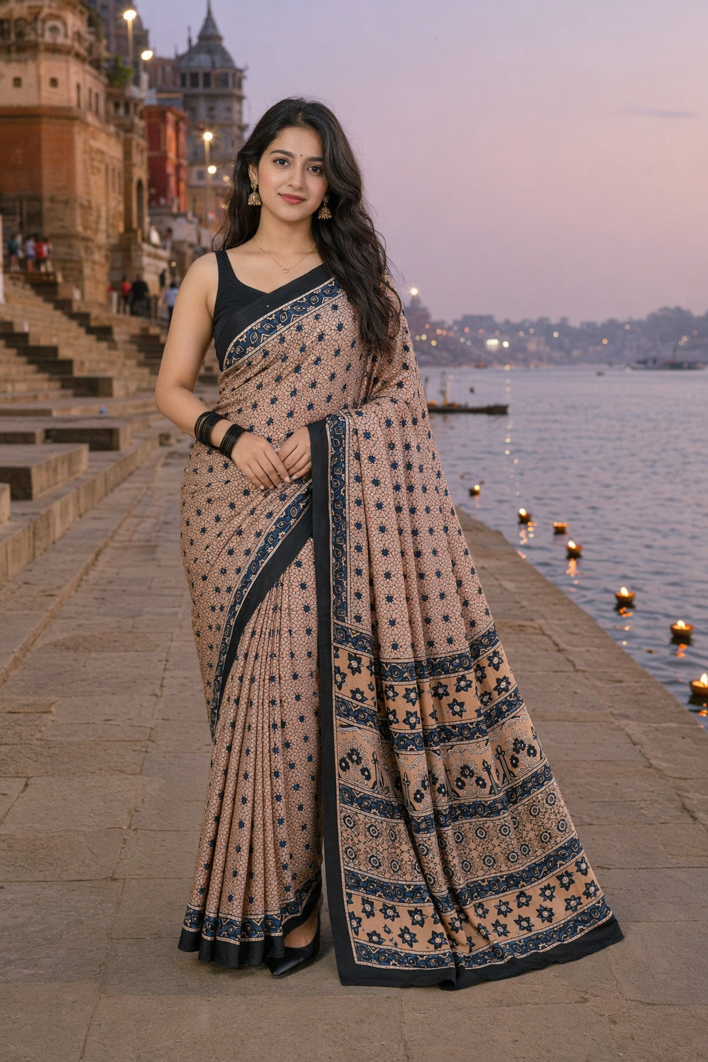 Light Biscuit Shade Ajrakh Hand Block Natural Dye Modal Silk Saree With Blouse