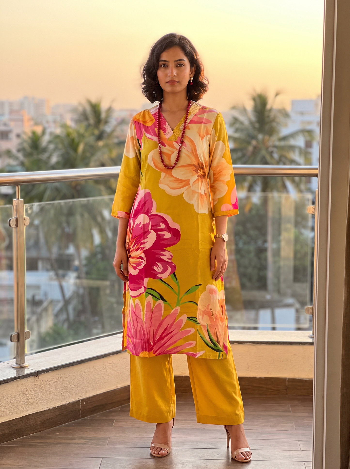 Yellow Flower Motif Digital Print Muslin Kurta