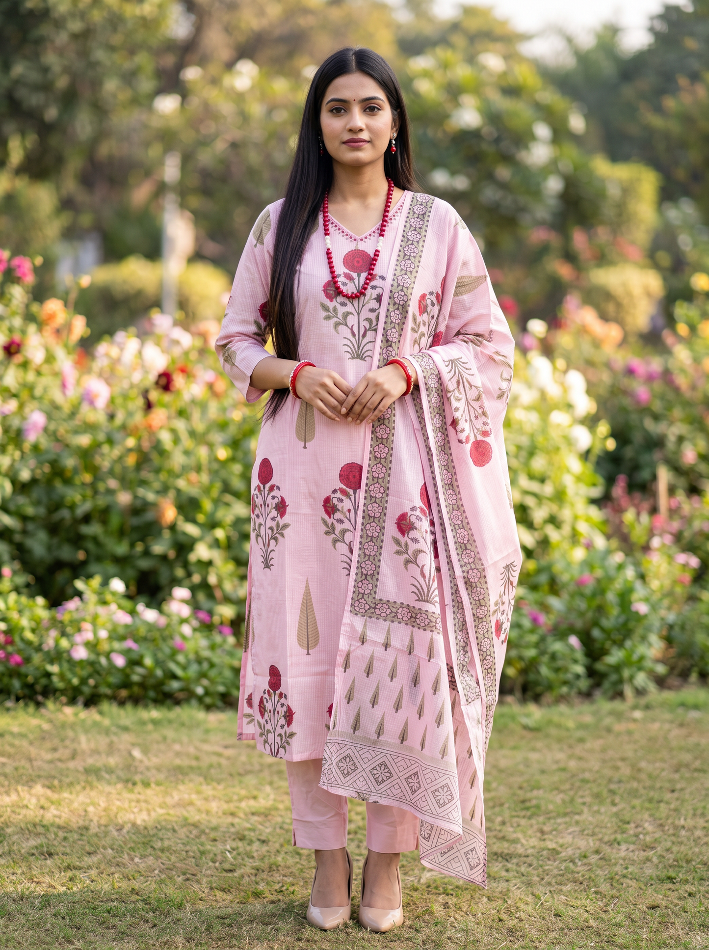 Pink Floral Print Kota Doria Suit Set with Embroidered Yoke and Kota Doria Dupatta