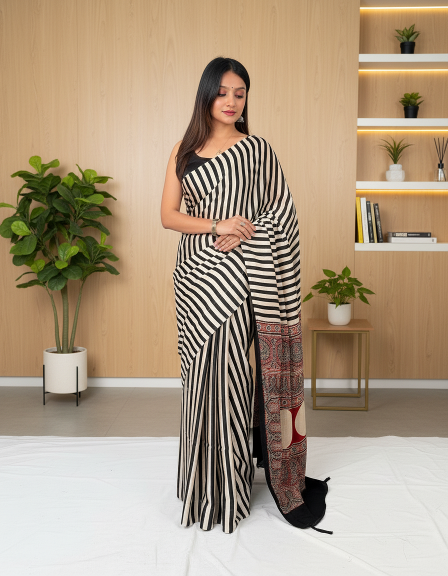 Viral Black Stripe Ajrakh Hand Block Natural Dye Modal Silk Saree With Blouse