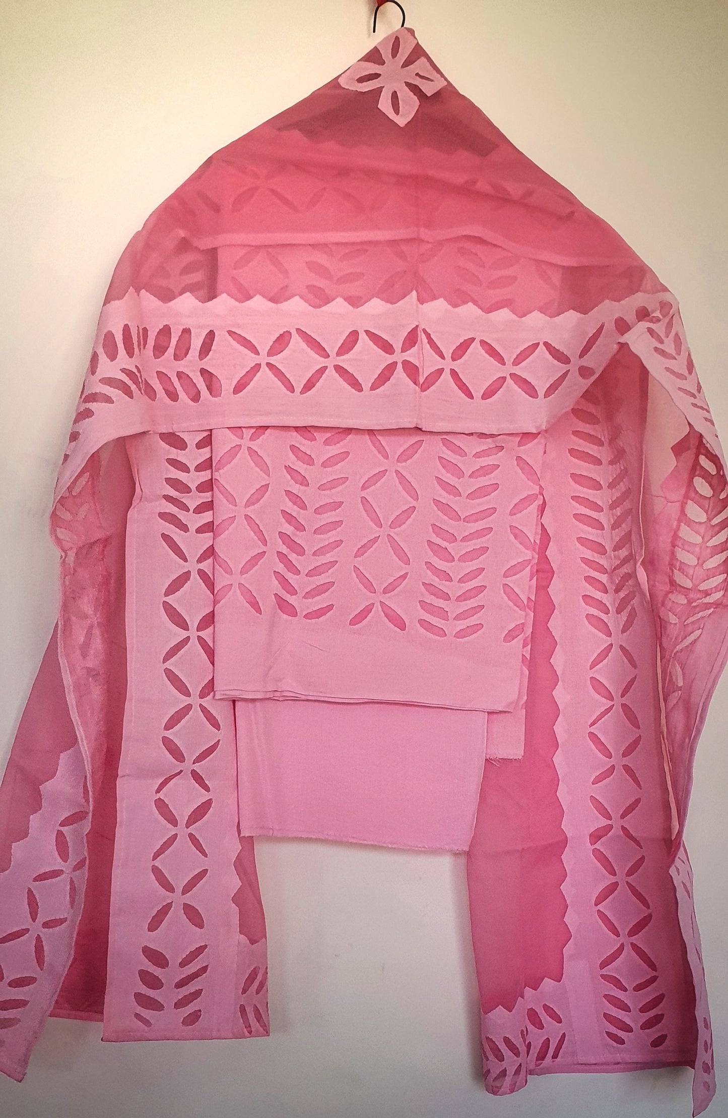 Coral Pink Barmer Applique Cut Work Cotton 3pc Suit Material Set