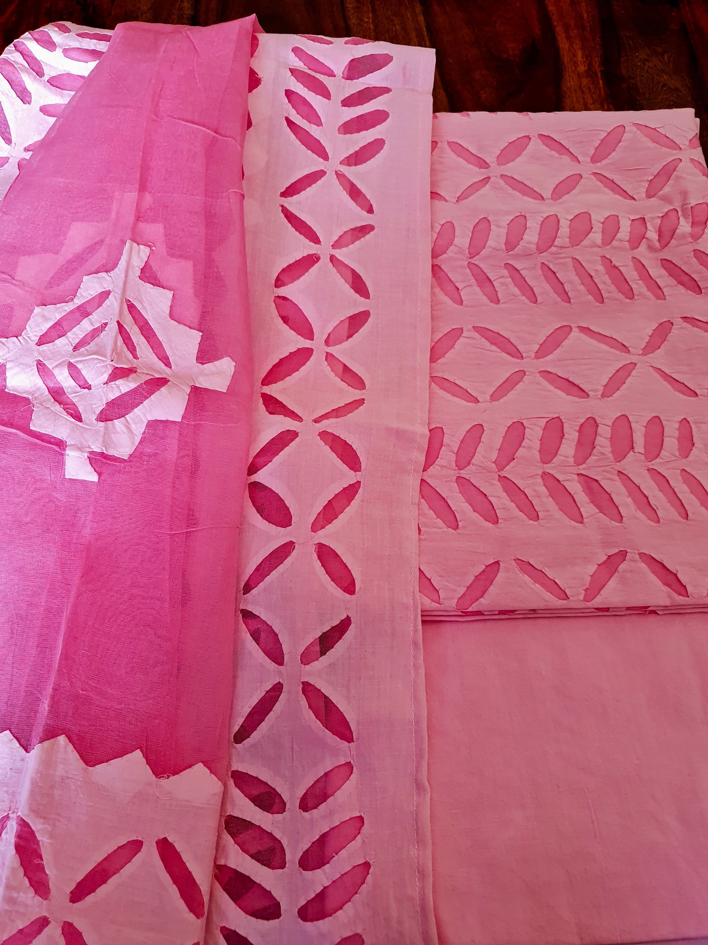 Coral Pink Barmer Applique Cut Work Cotton 3pc Suit Material Set