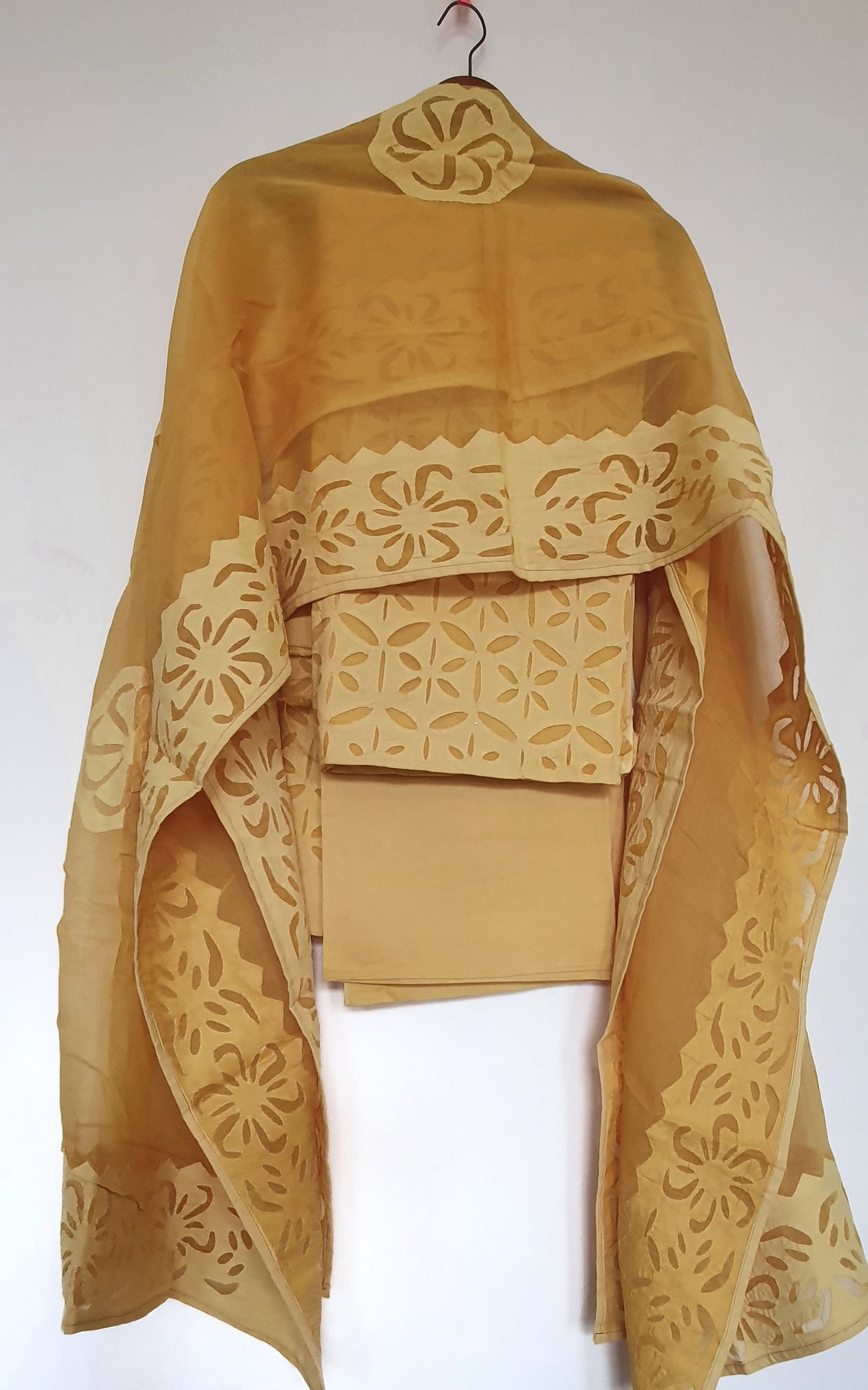 Mustard Barmer Applique Cut Work Cotton 3pc Suit Material Set