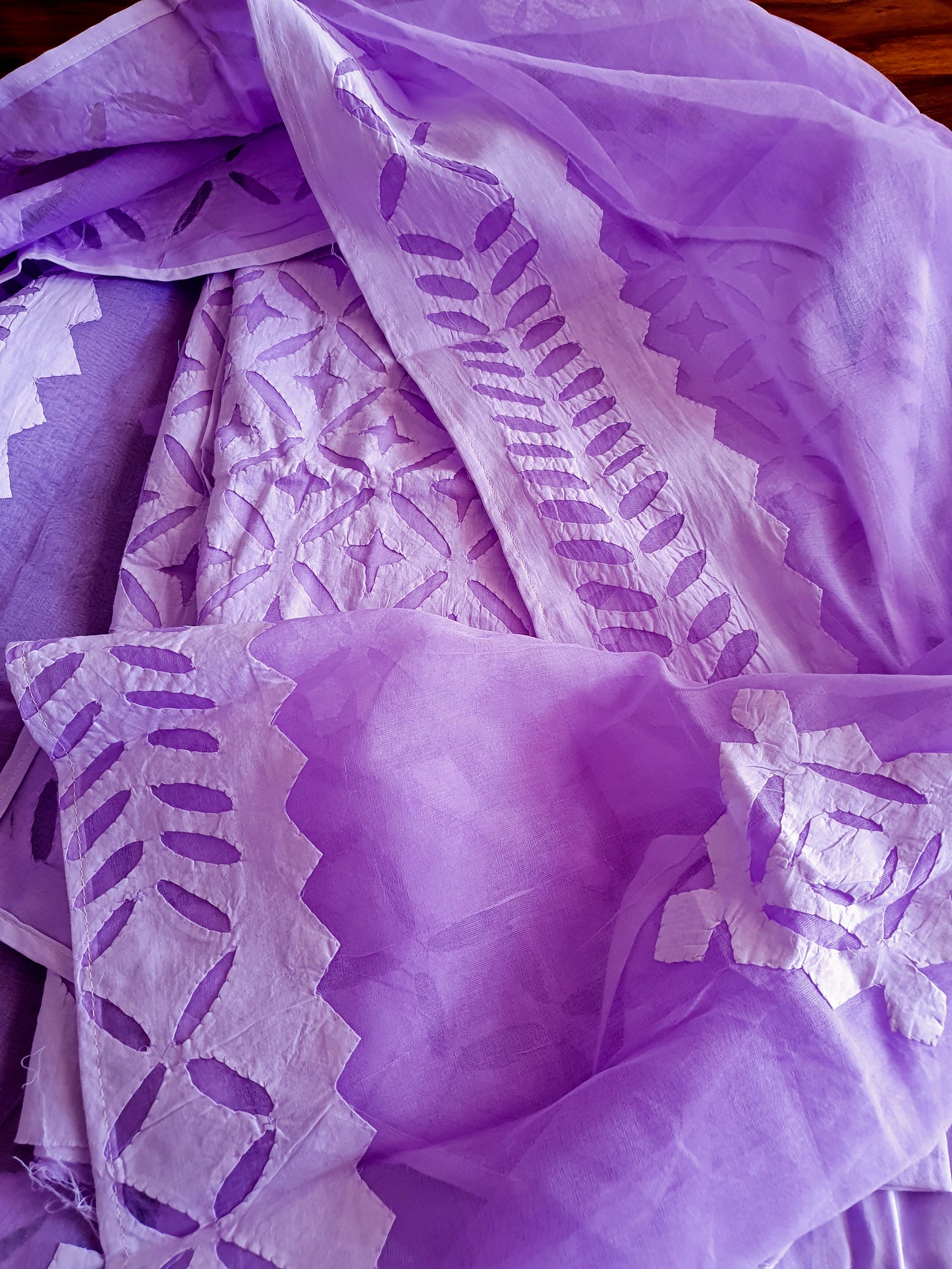 Mauve Barmer Applique Cut Work Cotton 3pc Suit Material Set