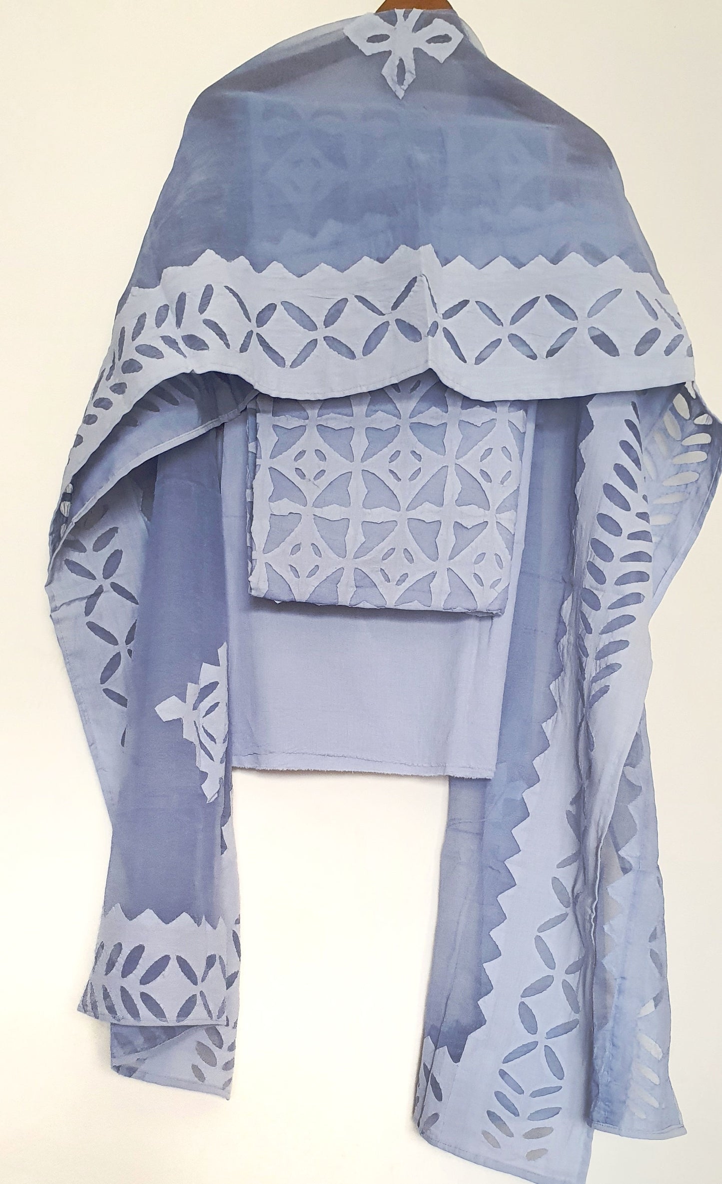 Ash Grey Blue Barmer Applique Cut Work Cotton 3pc Suit Material Set