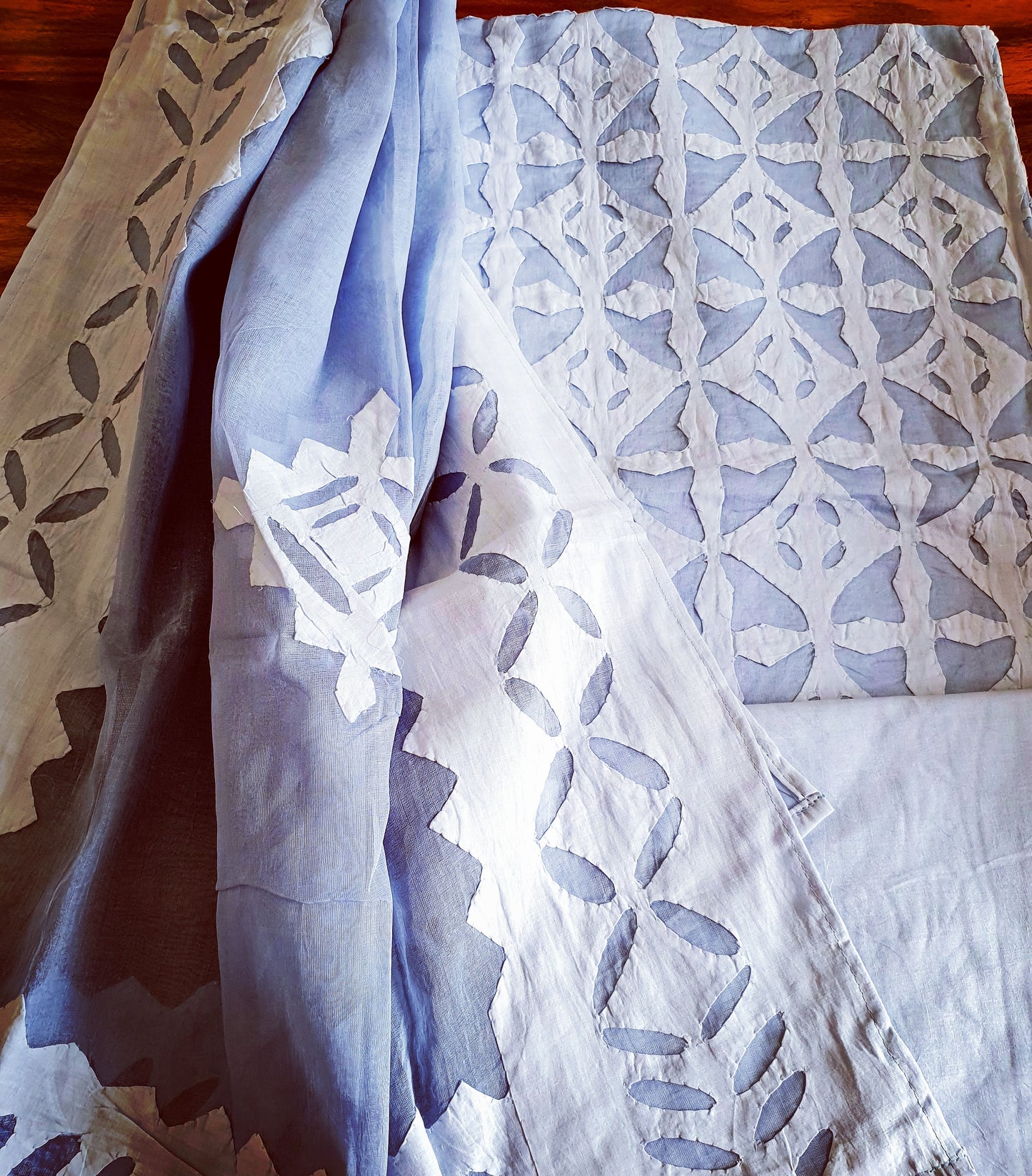 Ash Grey Blue Barmer Applique Cut Work Cotton 3pc Suit Material Set