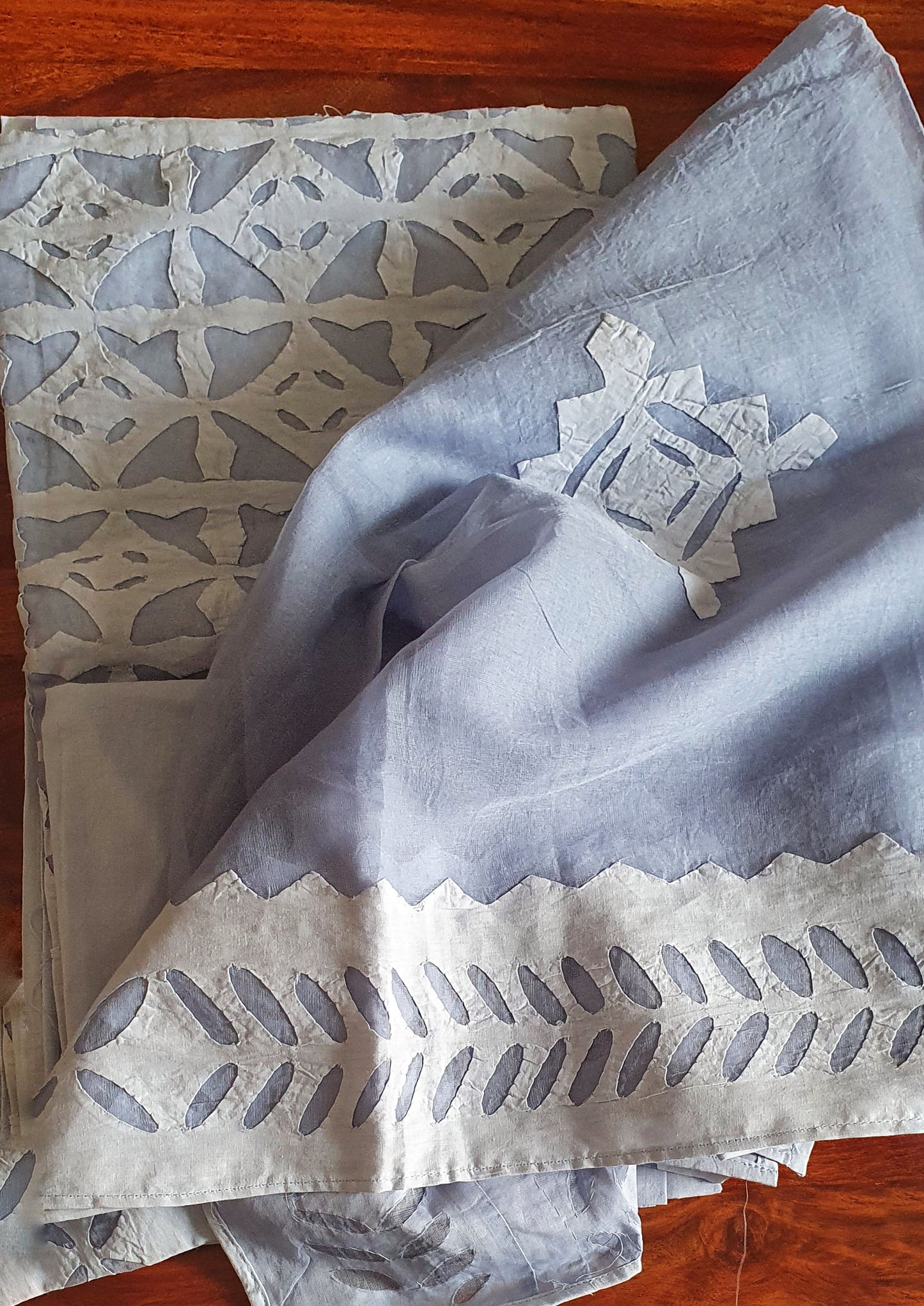 Ash Grey Blue Barmer Applique Cut Work Cotton 3pc Suit Material Set