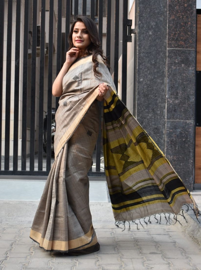 Black and Grey Bhagalpur Desi Tussar Saree