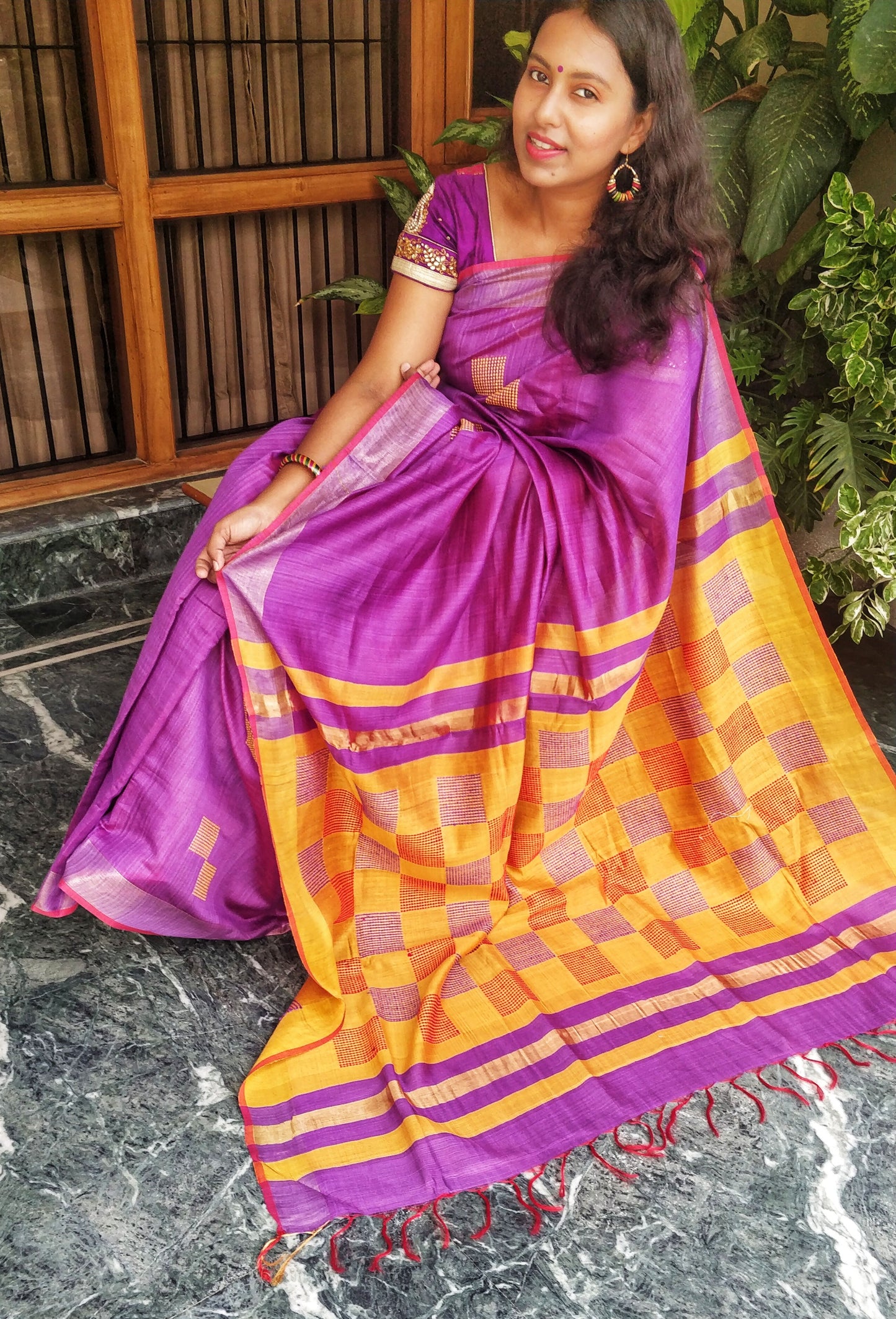 Purple and Mustard Bhagalpur Tussar Staple Saree