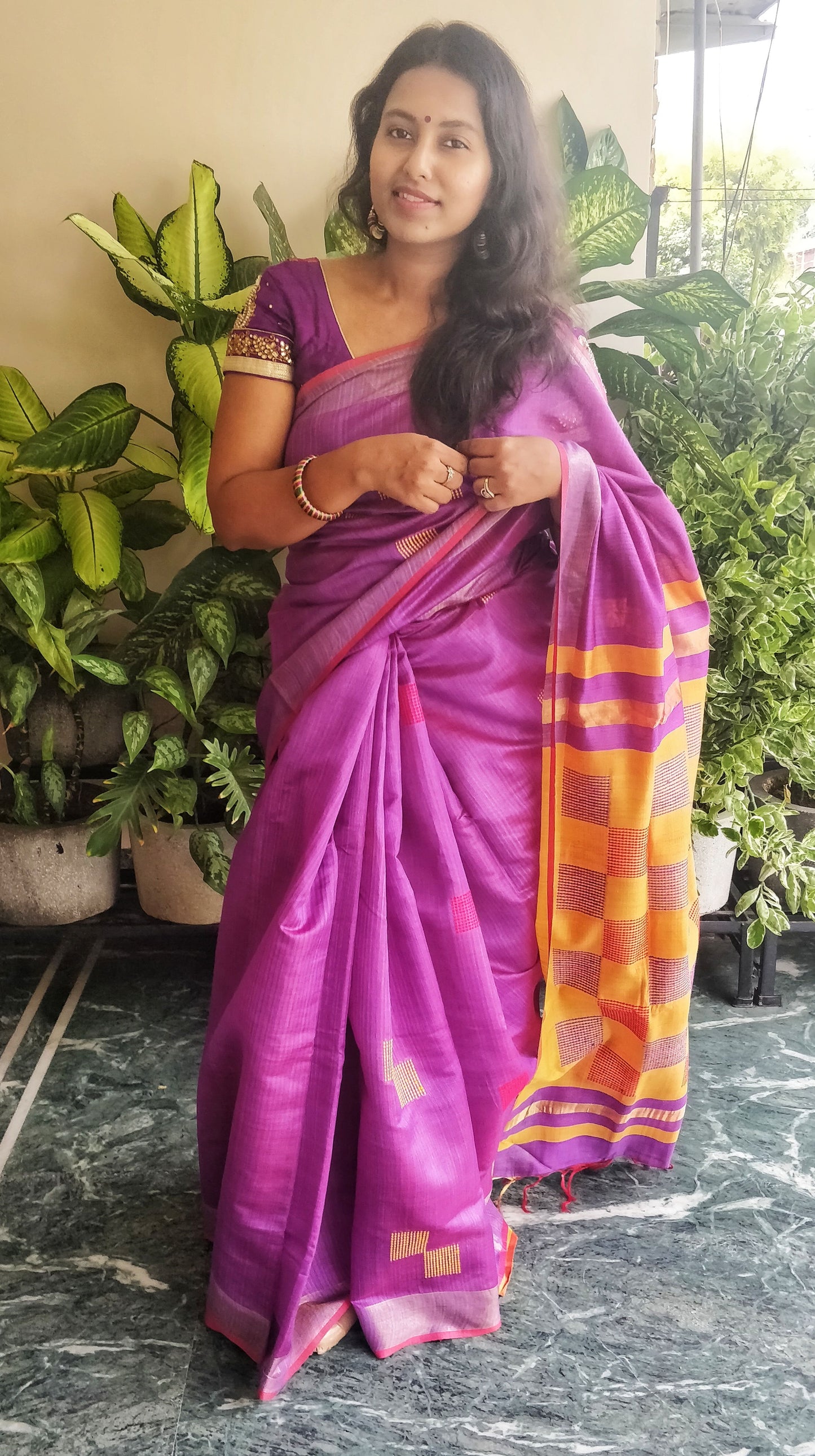 Purple and Mustard Bhagalpur Tussar Staple Saree