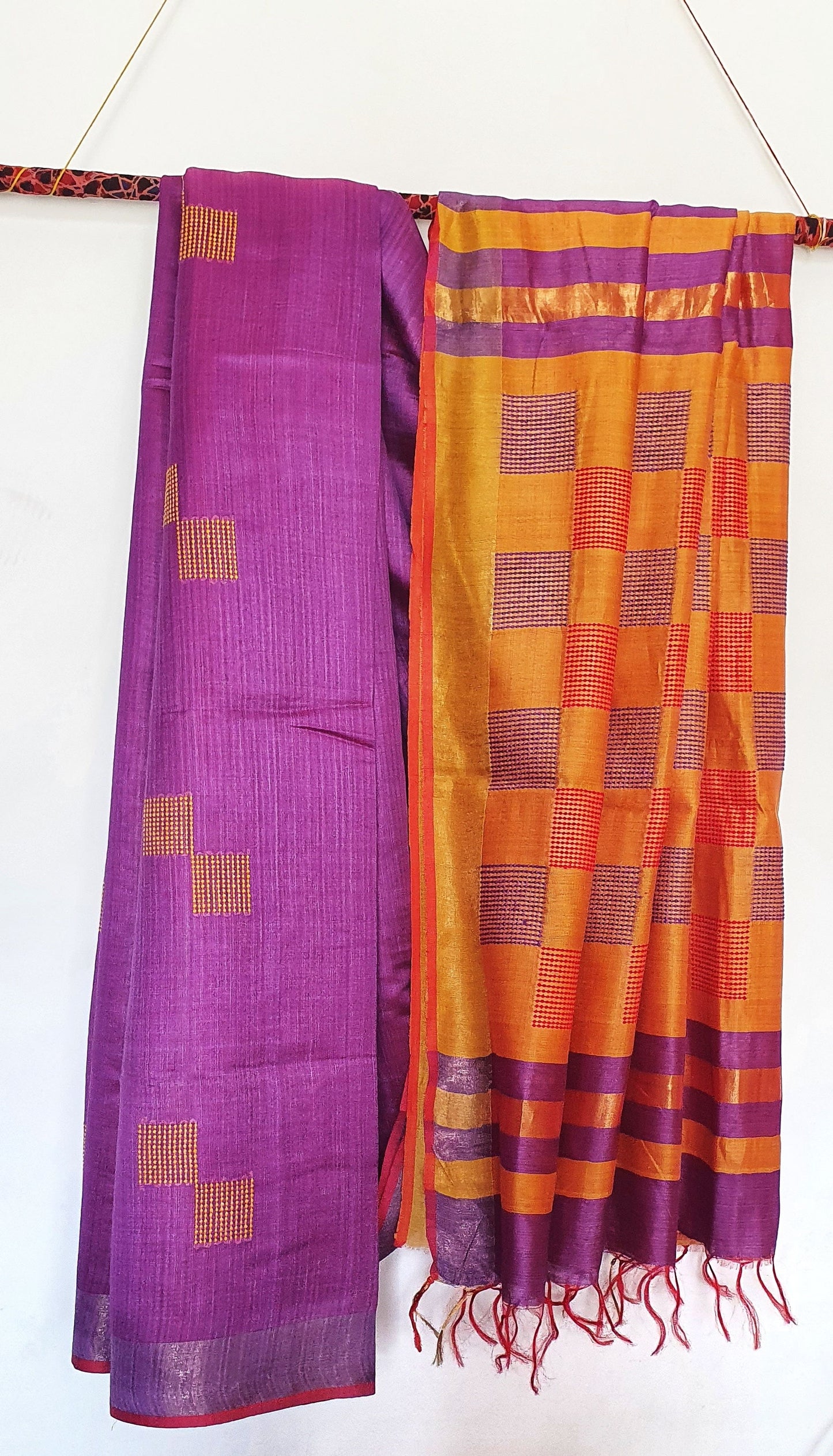 Purple and Mustard Bhagalpur Tussar Staple Saree