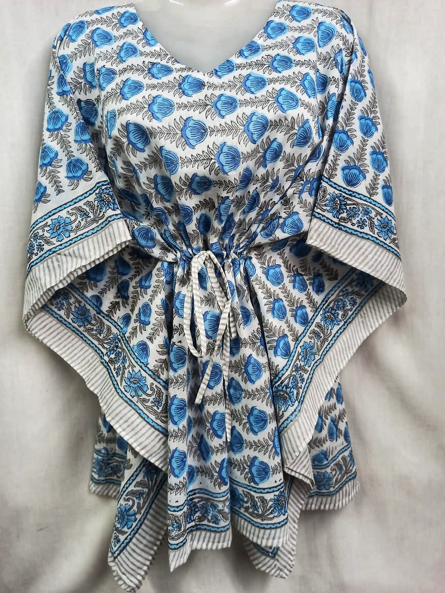 Blue Poppies Motif Cotton Short Kaftan Top