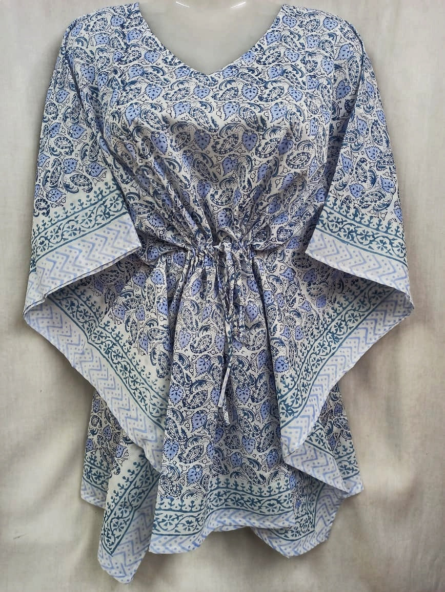 White and Blue Leaf Pattern Mul Cotton Short Kaftan Top