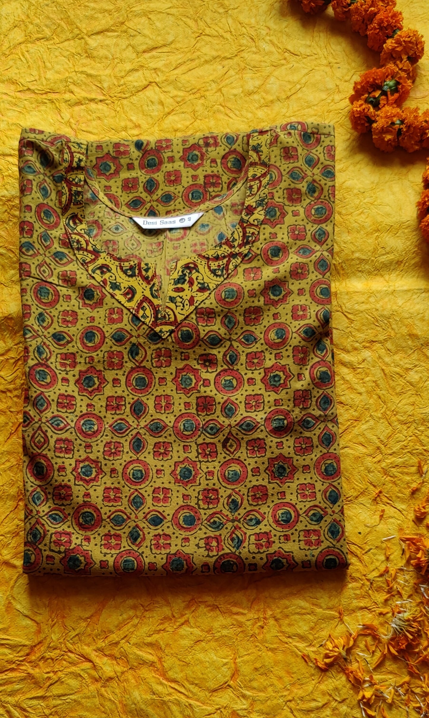 Yellow and Red Small Booti Ajrakh Pure Cotton Kurti