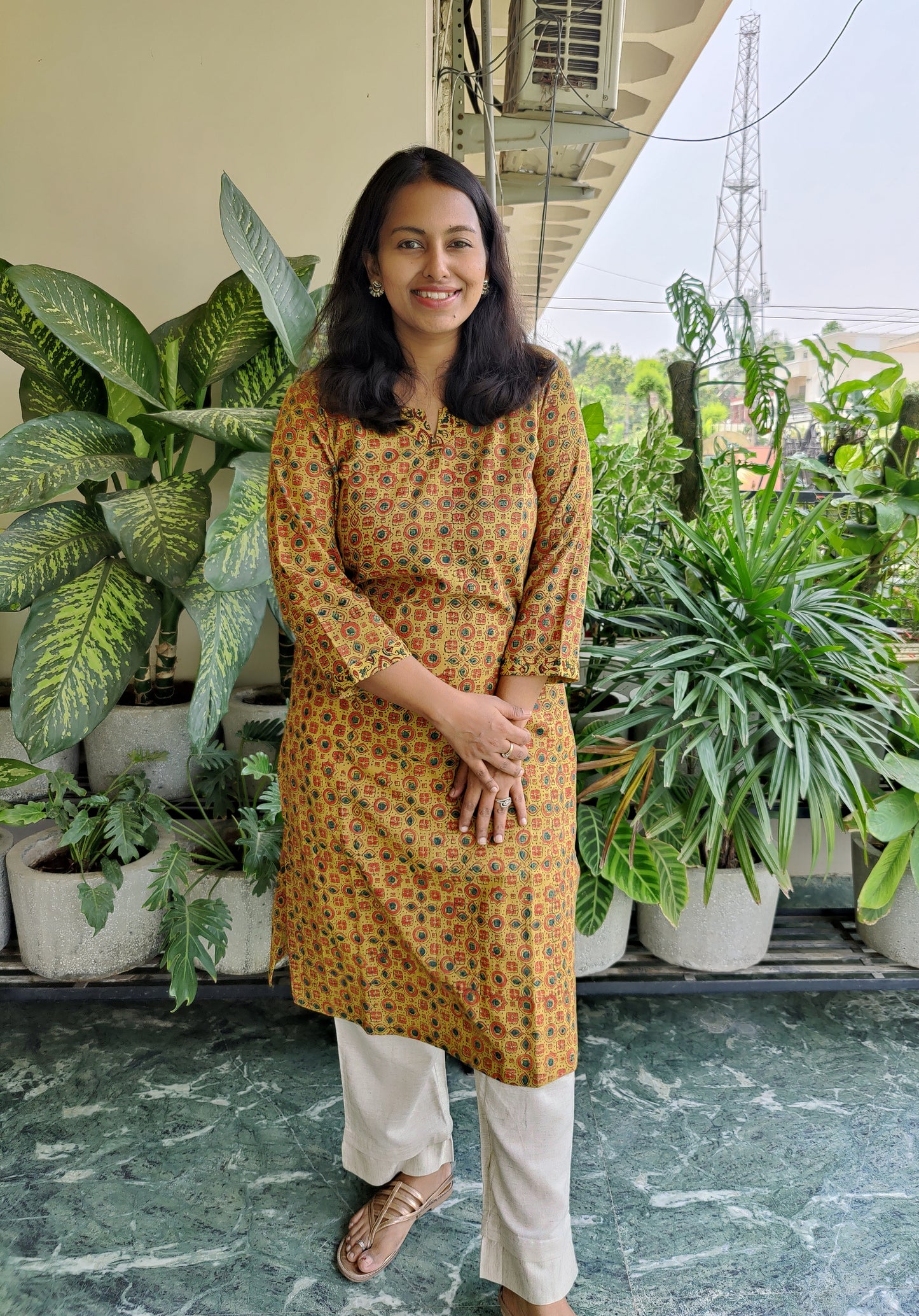 Yellow and Red Small Booti Ajrakh Pure Cotton Kurti
