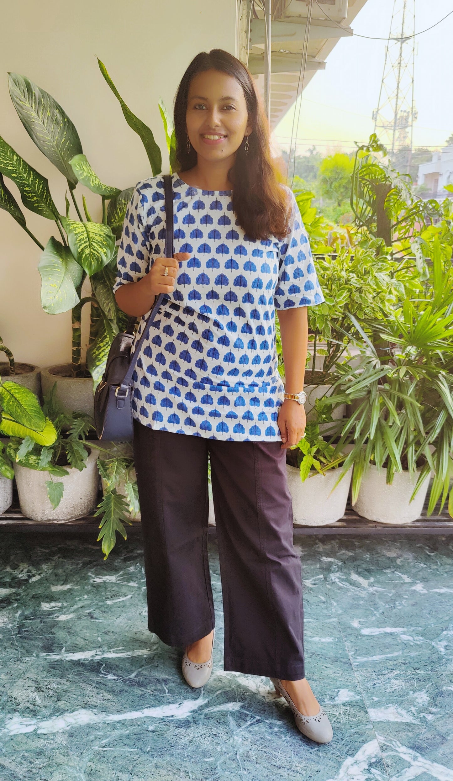 Indigo Leaf Motif Pure Cotton Half Sleeve Short Kurti