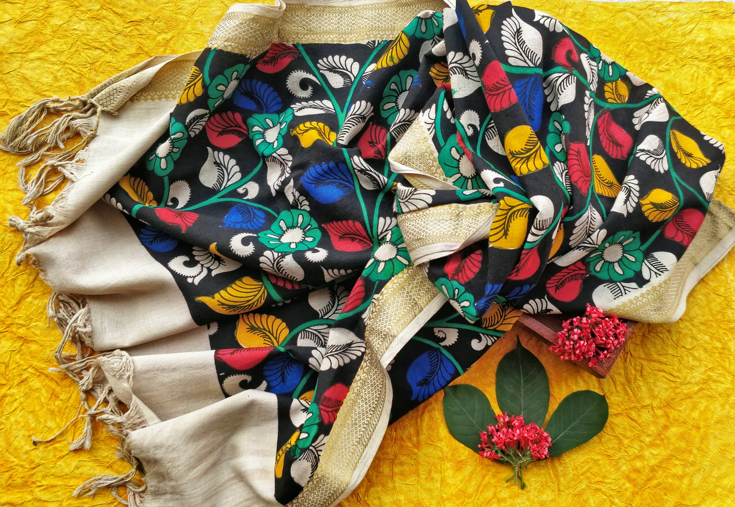 Black Handpainted Srikalahasti Kalamkari Cotton Dupatta with Zari Border