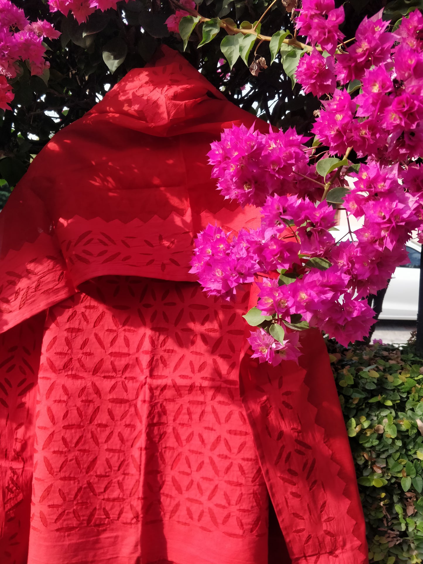 Ravishing Red Barmer Applique Cut Work Cotton 3pc Suit Material Set