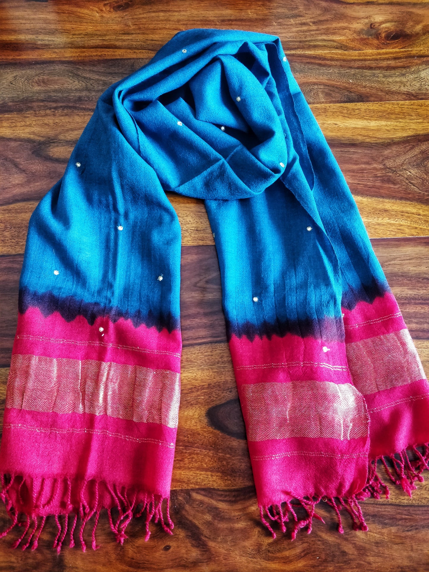 Electric Blue Bhujodi Tie and Dye Wollen Stole with Mirror Work and Tassels
