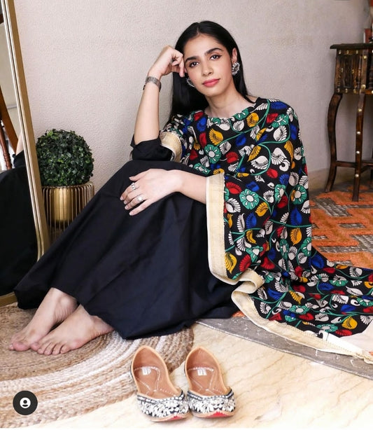 3 Piece Kalidaar Black Suit Set with Handpainted Srikalahasti Kalamkari Cotton Dupatta - Desisass