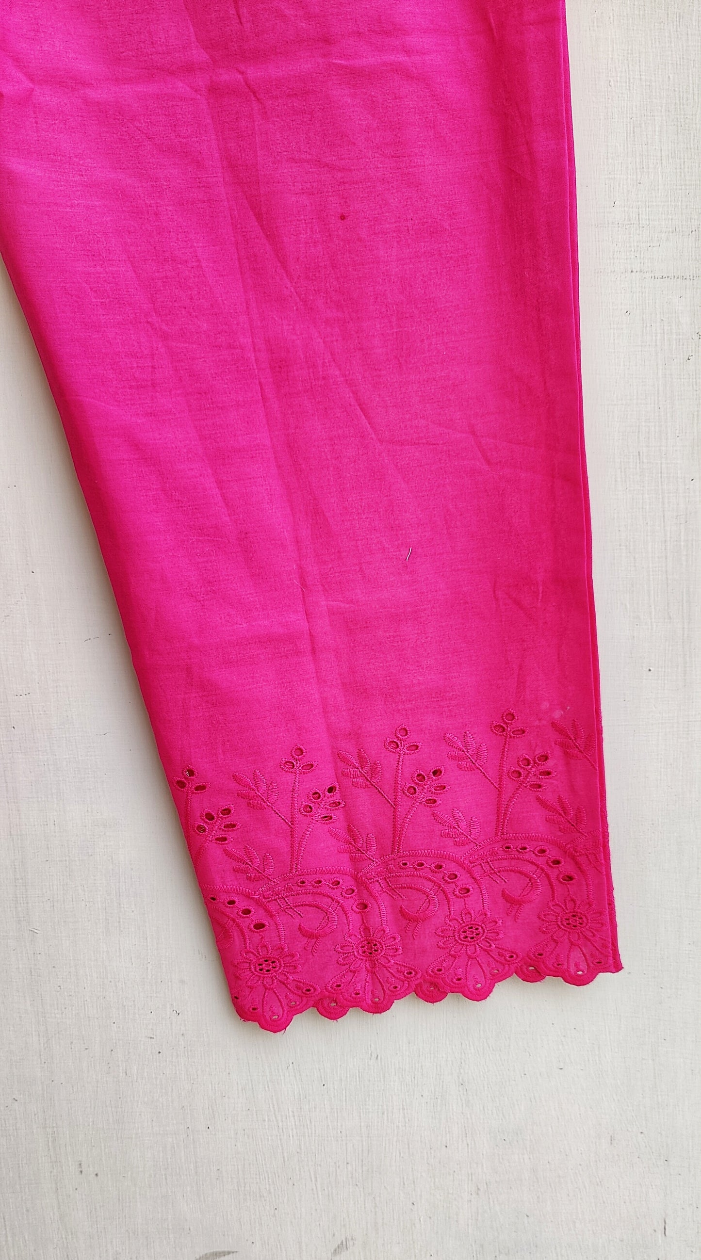 Hot Pink Relaxed Fit Pure Cotton Pants with Chikankari Detailing