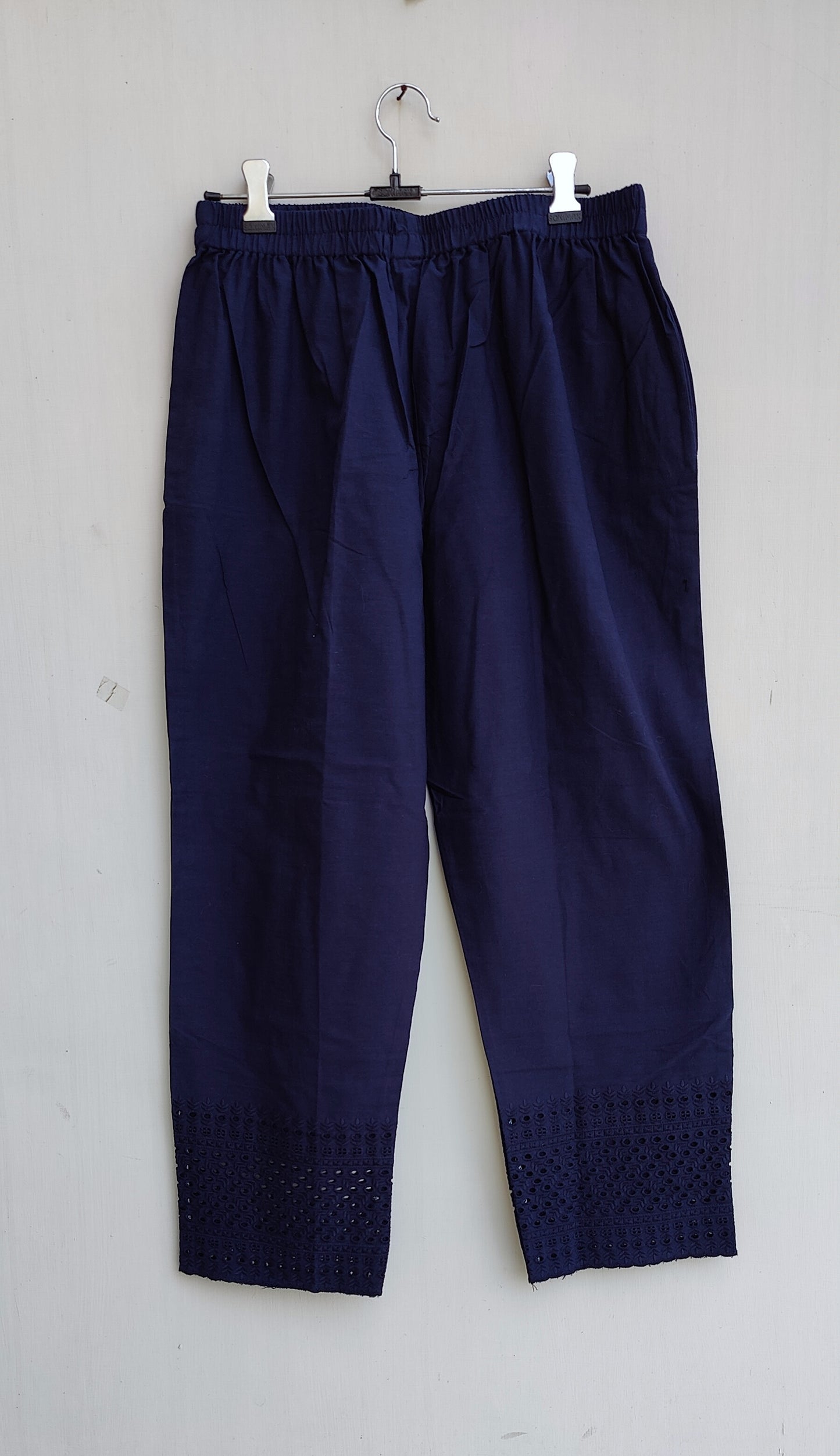 Navy Blue Relaxed Fit Pure Cotton Pants with Chikankari Detailing