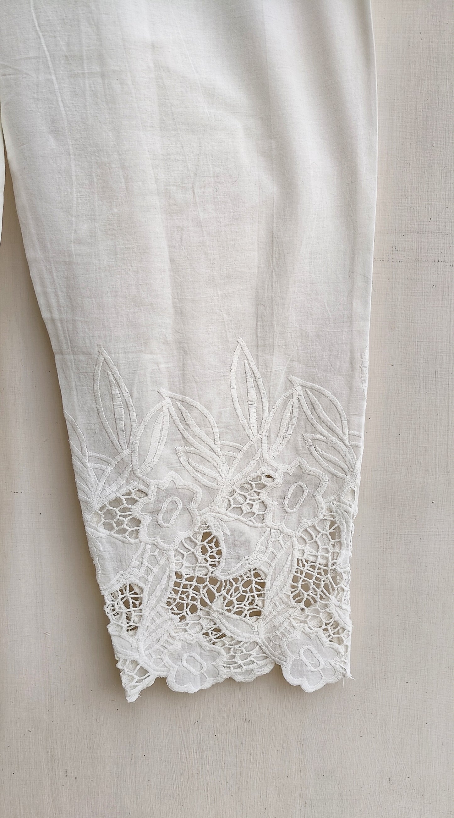 Pristine White Pure Cotton Pants with Lace Detailing