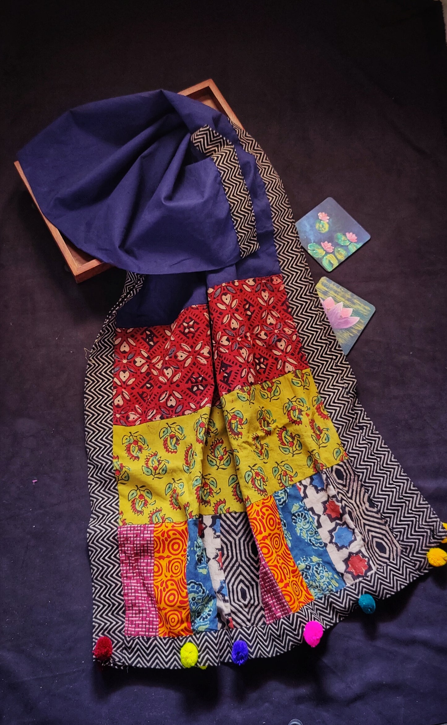 Navy Blue Ajrakh Patchwork Cotton Stole