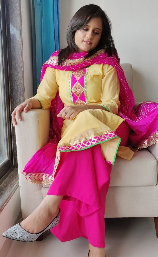Chanderi Silk Gota Patti Suit with Bandhej Dupatta
