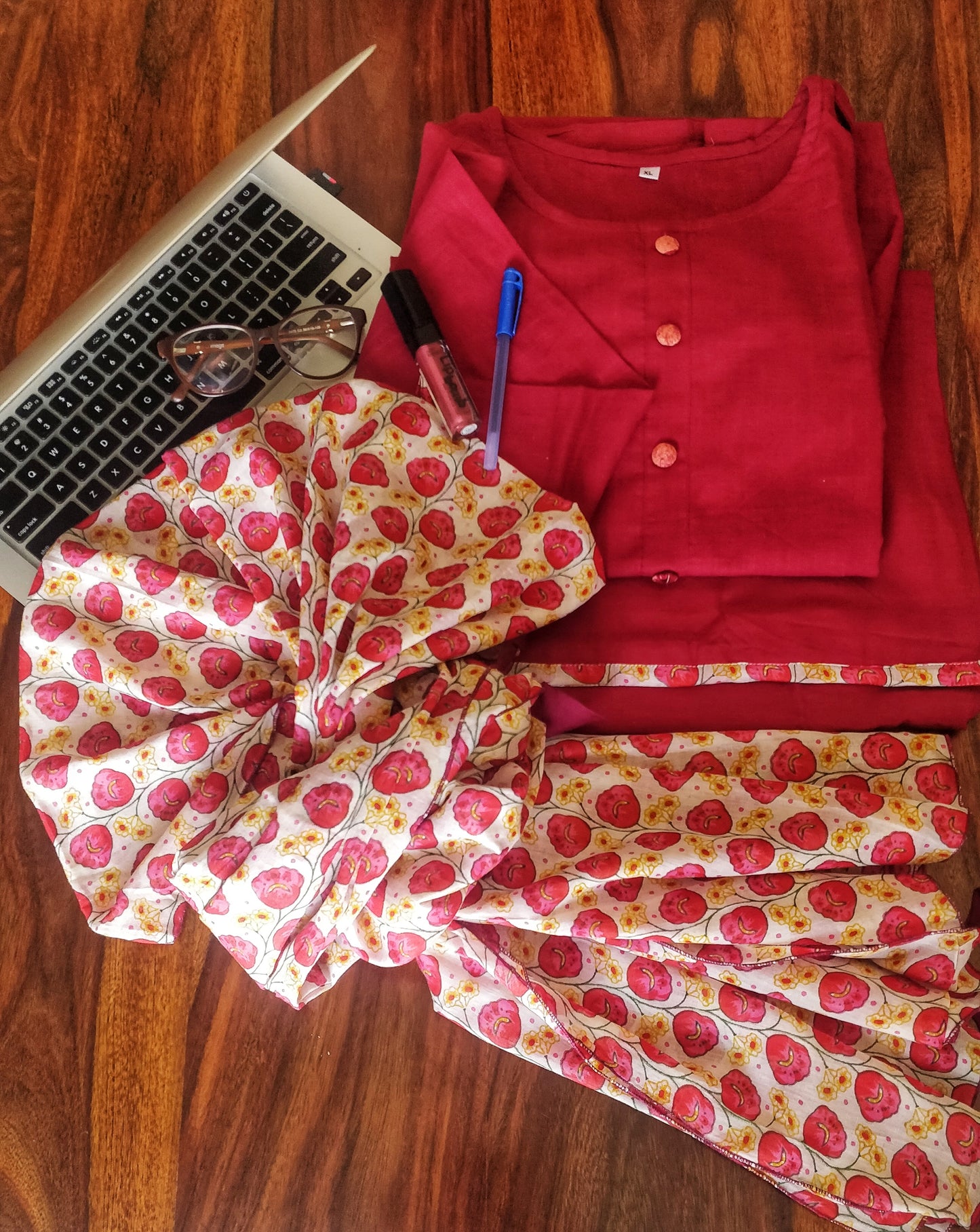 Brick Red Cotton Suit Set with Flared Pants