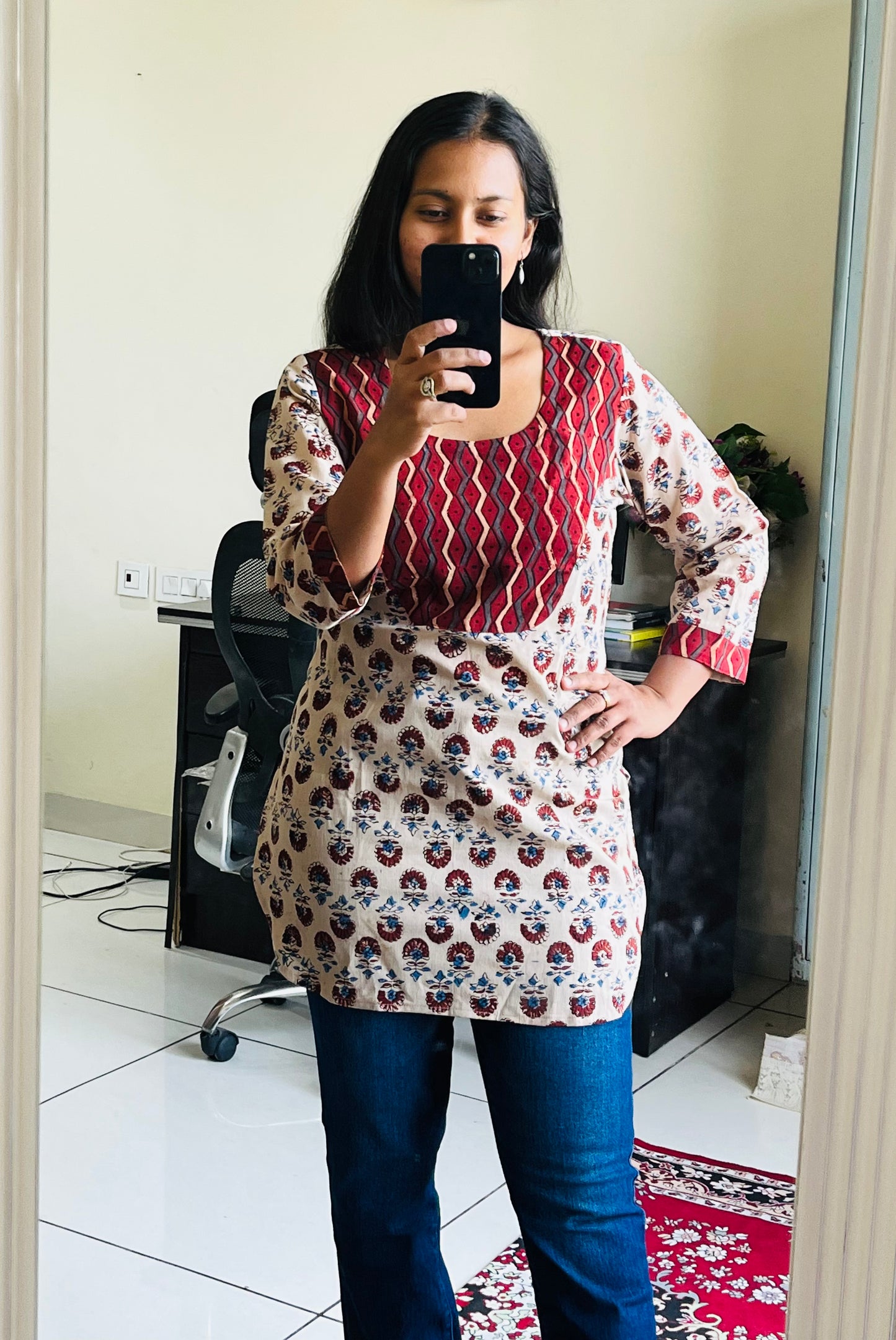 Cream and Red Yoke Ajrakh Handblock Pure Cotton Short Kurti