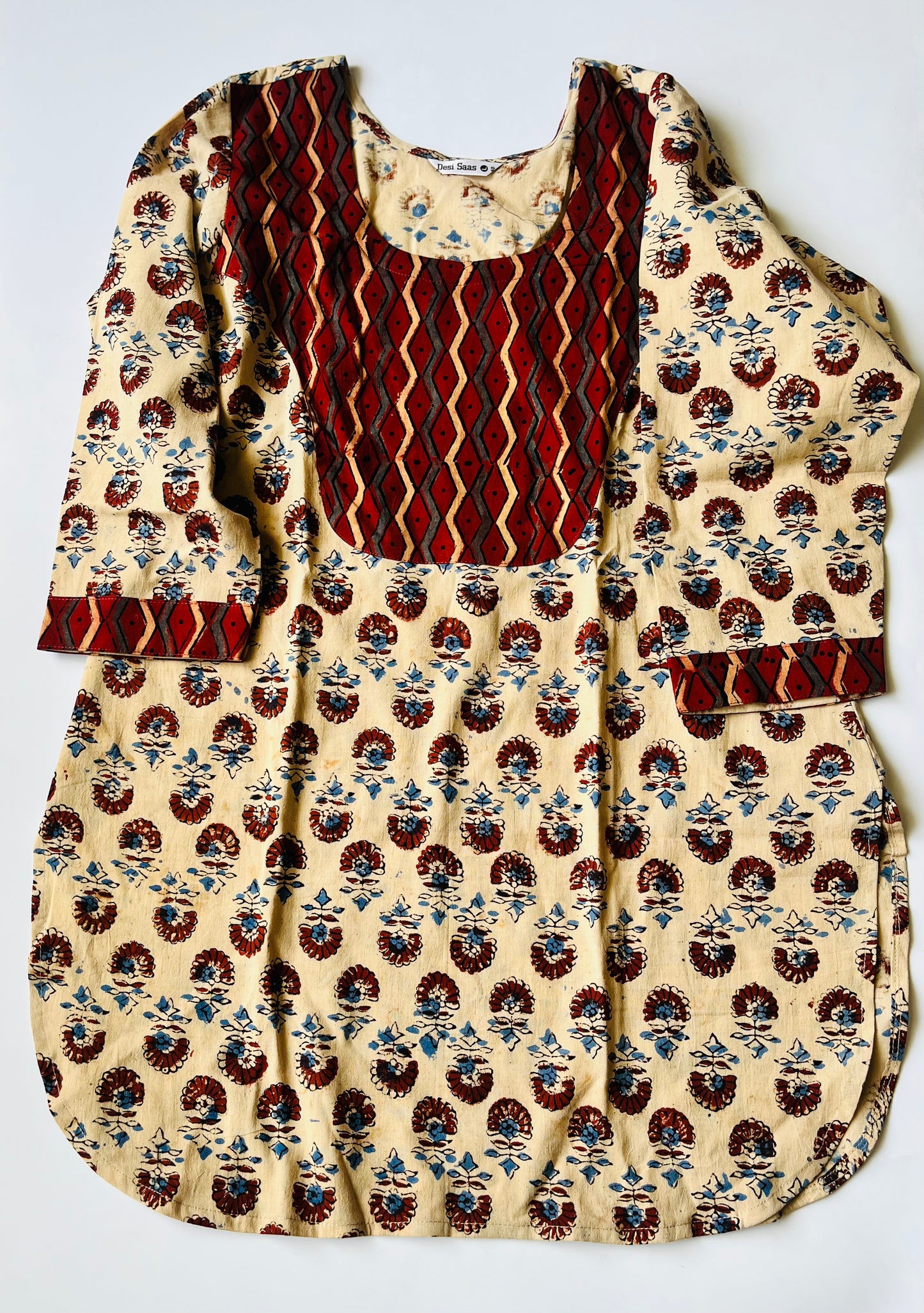 Cream and Red Yoke Ajrakh Handblock Pure Cotton Short Kurti
